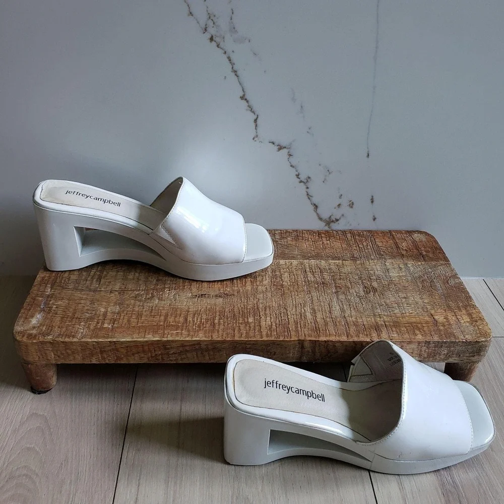 Jeffrey Campbell Sandals Womens 6 White Patent Slide Block Heel Platform Shoes